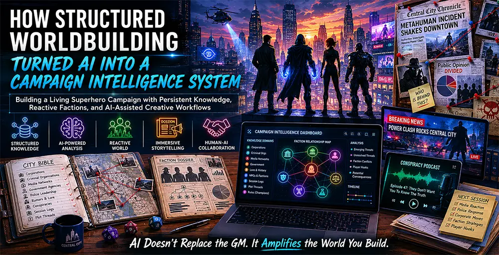 Banner image showing a futuristic superhero cityscape and AI-powered campaign management workspace featuring digital faction maps, campaign intelligence dashboards, City Bible documents, conspiracy media, and immersive tabletop RPG worldbuilding tools for a living superhero campaign.